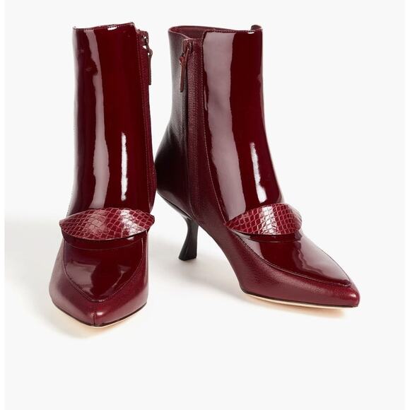 Tory Burch Smooth And Patent-Leather Ankle Boots Merlot - 8 - Picture 1 of 5